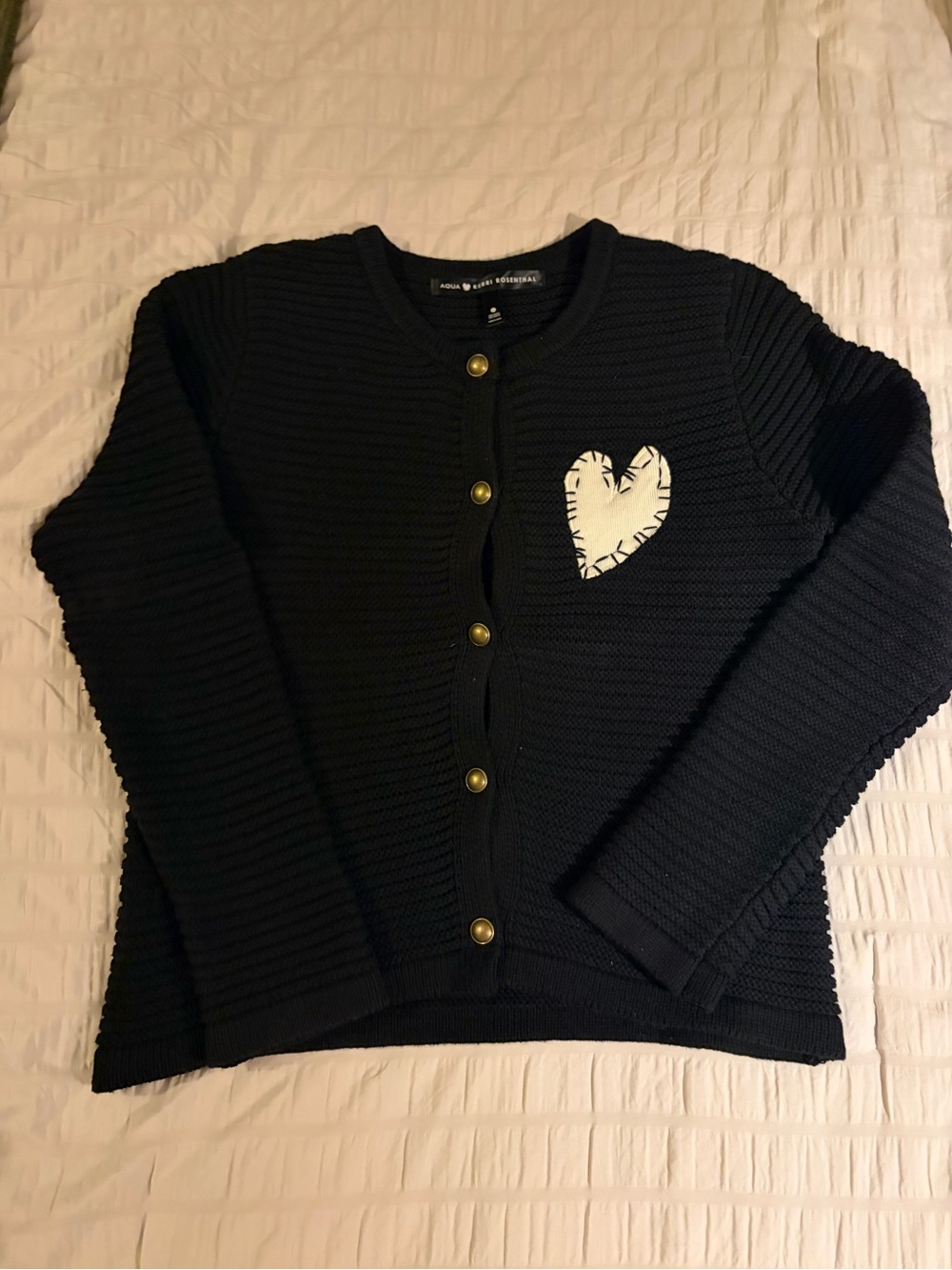 Aqua + Kerri Rosenthal Black Knit Cardigan with White Heart Patch